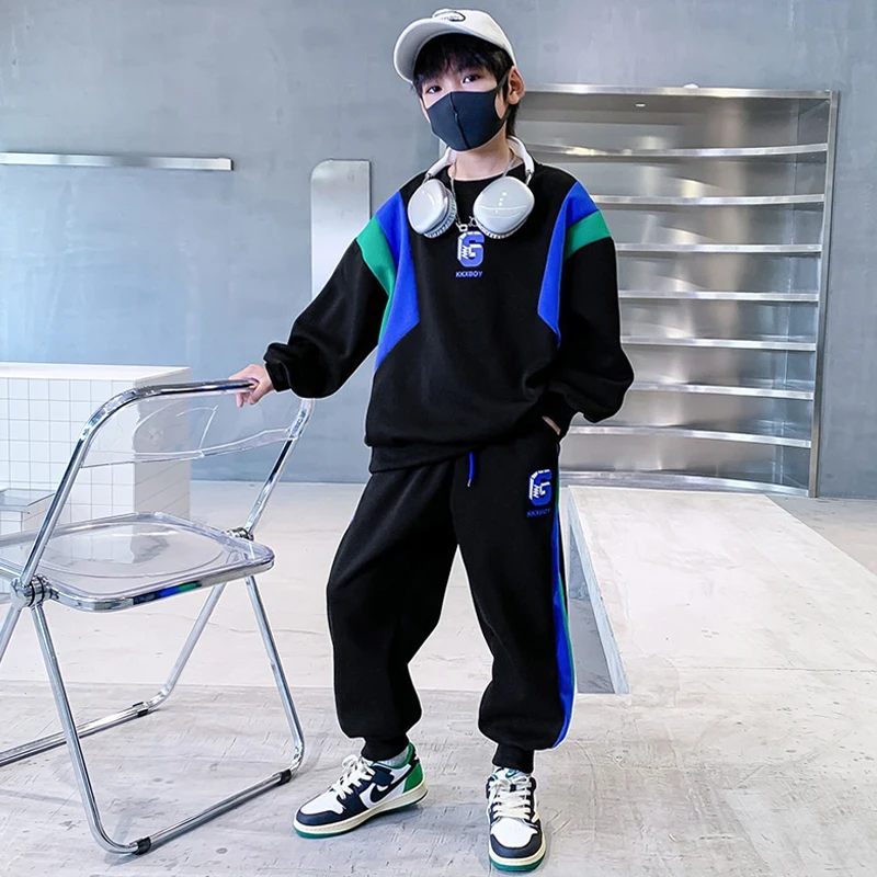 Spring Autumn New Toddler Clothing Set Splicing Letter Sweatshirts Pants 2Pcs For 3-14 Years Kids Tracksuits Boys Casual Outfits