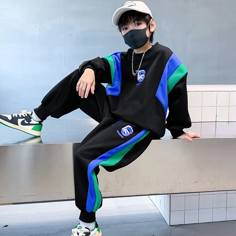 Spring Autumn New Toddler Clothing Set Splicing Letter Sweatshirts Pants 2Pcs For 3-14 Years Kids Tracksuits Boys Casual Outfits