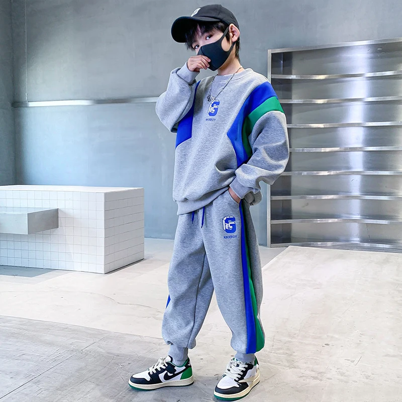 Spring Autumn New Toddler Clothing Set Splicing Letter Sweatshirts Pants 2Pcs For 3-14 Years Kids Tracksuits Boys Casual Outfits
