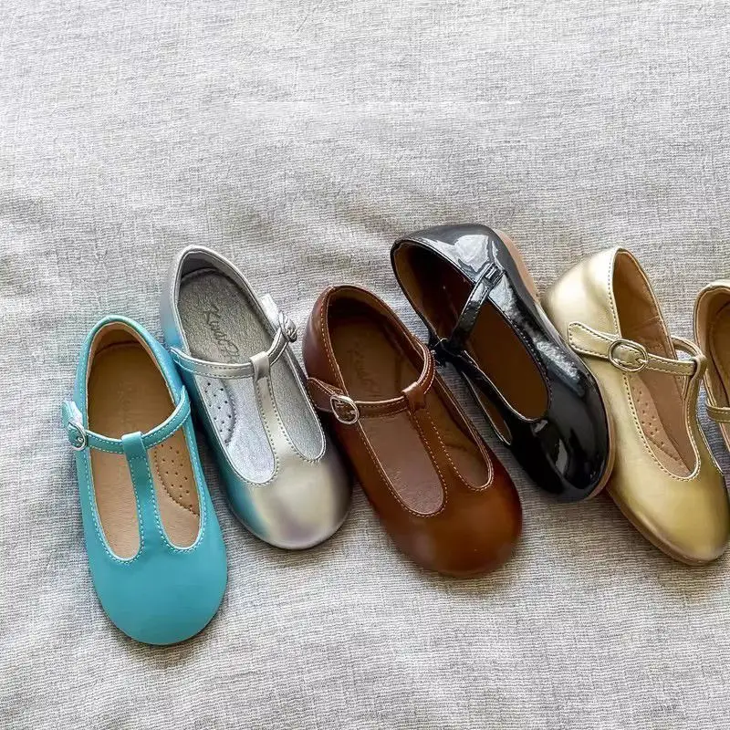 Kids'Casual Shoes PU Leather Solid Color Spring Shoes For Girls Anti-slip Designer Flat Bottom Sliver Black Shoes Size 22-30