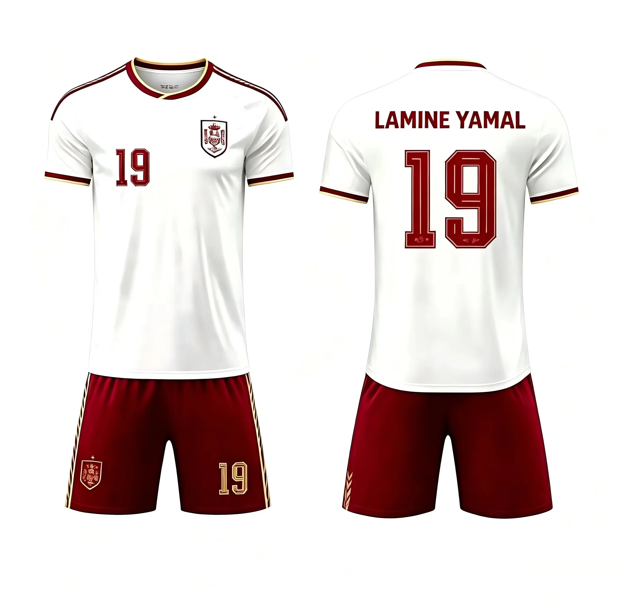 Spain National Team White Away Football Kit, Lamine Yamal No.19 Short Sleeve Soccer Jersey and Matching Shorts Family Matching