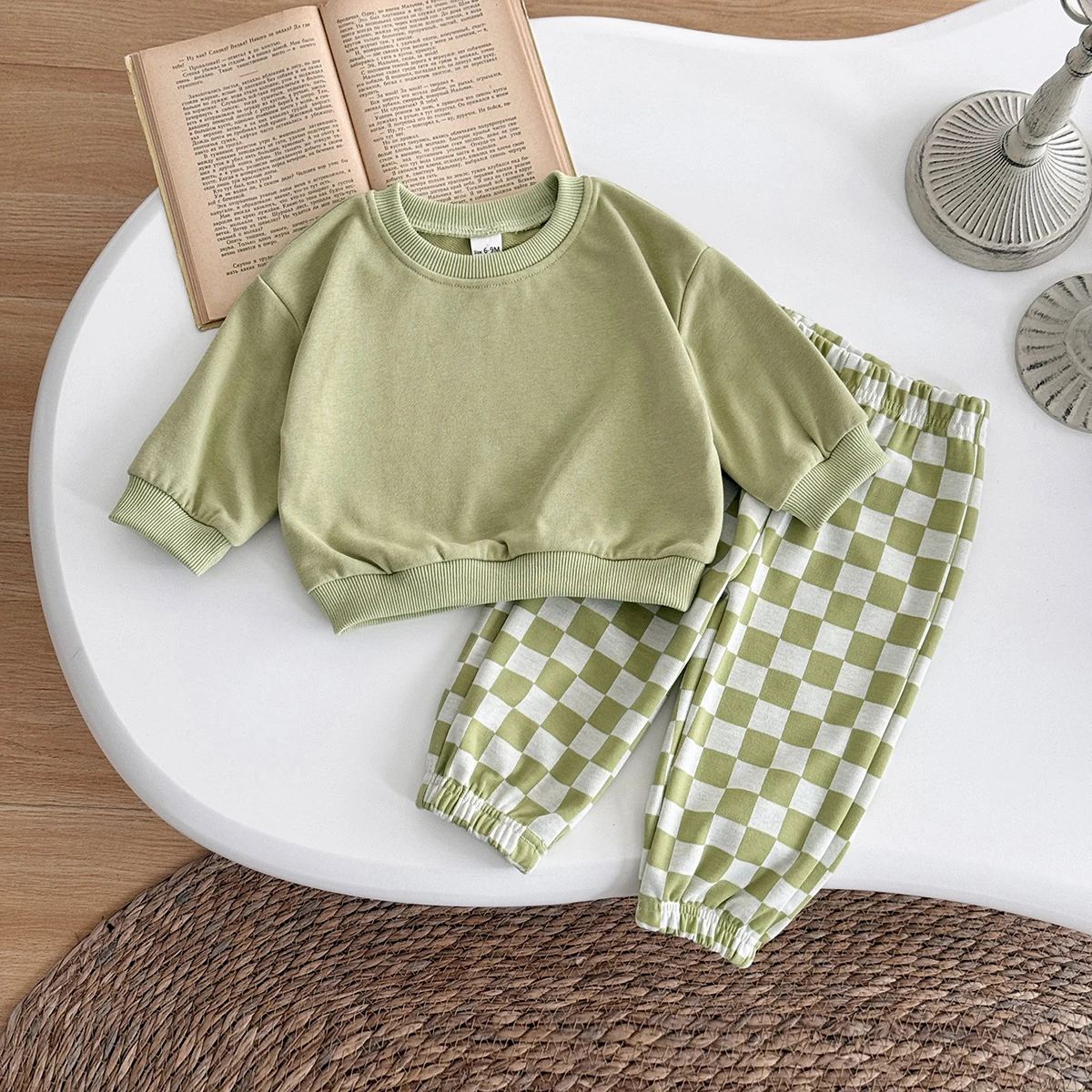 Autumn Fashion Newborn Baby Boys Girls Clothes Comfort Outfit Solid Color Long Sleeves Top+Chessboard Pattern Pants 2Pcs/set