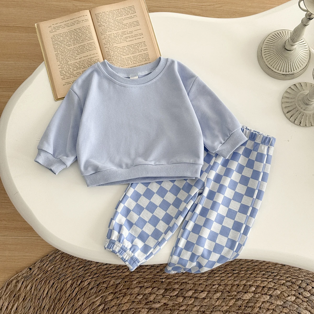 Autumn Fashion Newborn Baby Boys Girls Clothes Comfort Outfit Solid Color Long Sleeves Top+Chessboard Pattern Pants 2Pcs/set