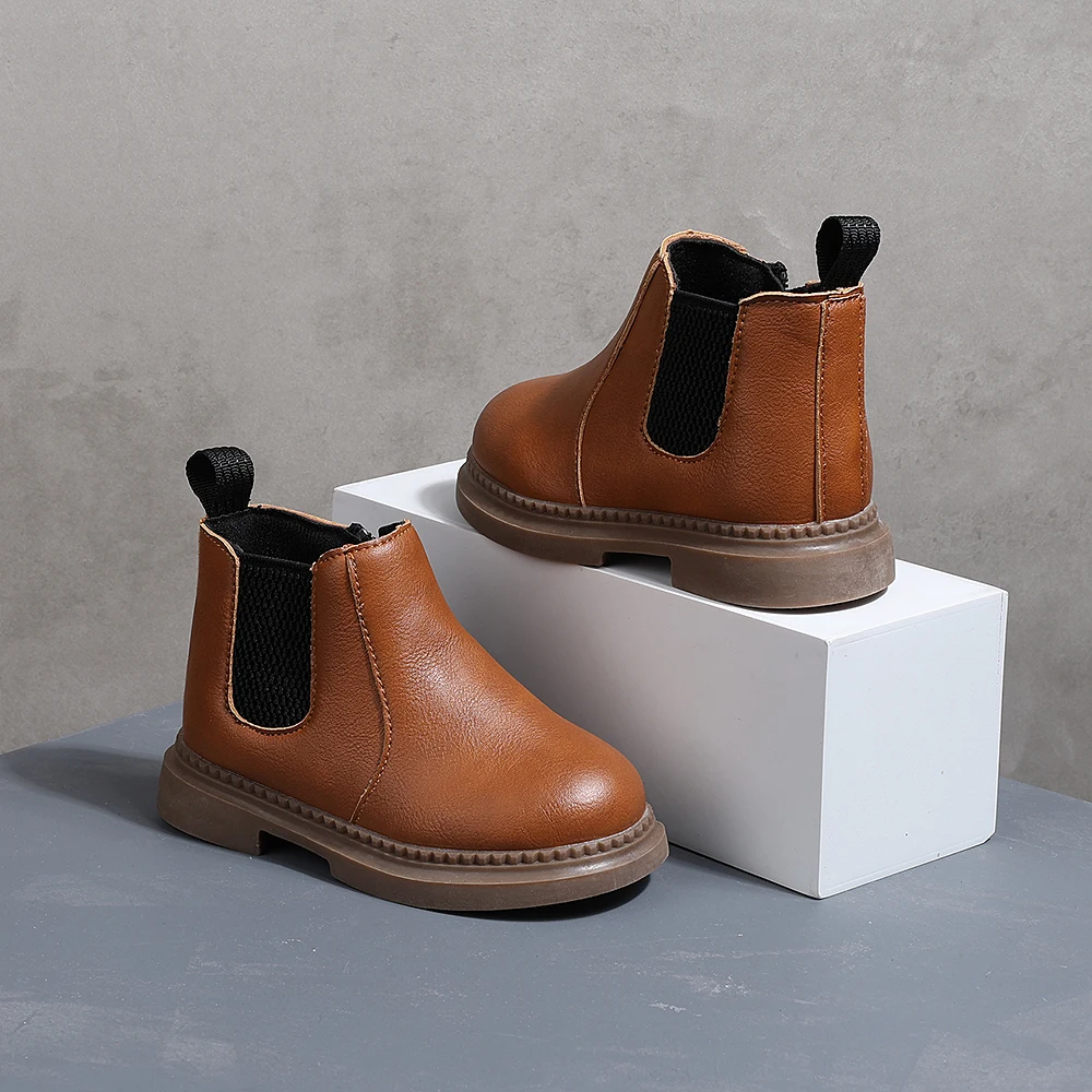COMFY KIDS Toddler Brown Leather Chelsea Ankle Boots, Soft Cushioned Non-Slip Rubber Sole Boys Girls Zipper Short Boots, Autumn