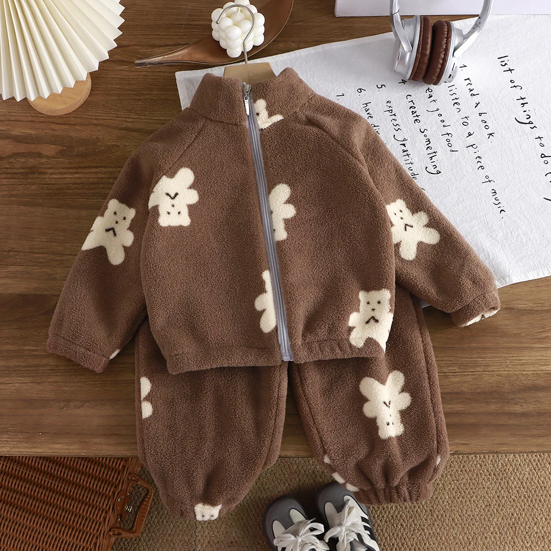 Korean Cartoon Toddler Girls Fashion Plush Warm Outfits Boys Casual Home Clothes Children's Fleece Suit Simple Children Sportsw