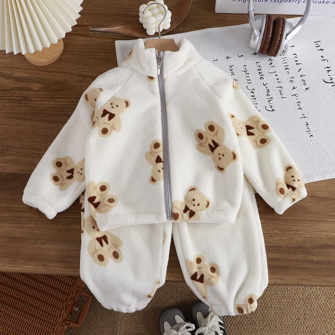 Korean Cartoon Toddler Girls Fashion Plush Warm Outfits Boys Casual Home Clothes Children's Fleece Suit Simple Children Sportsw