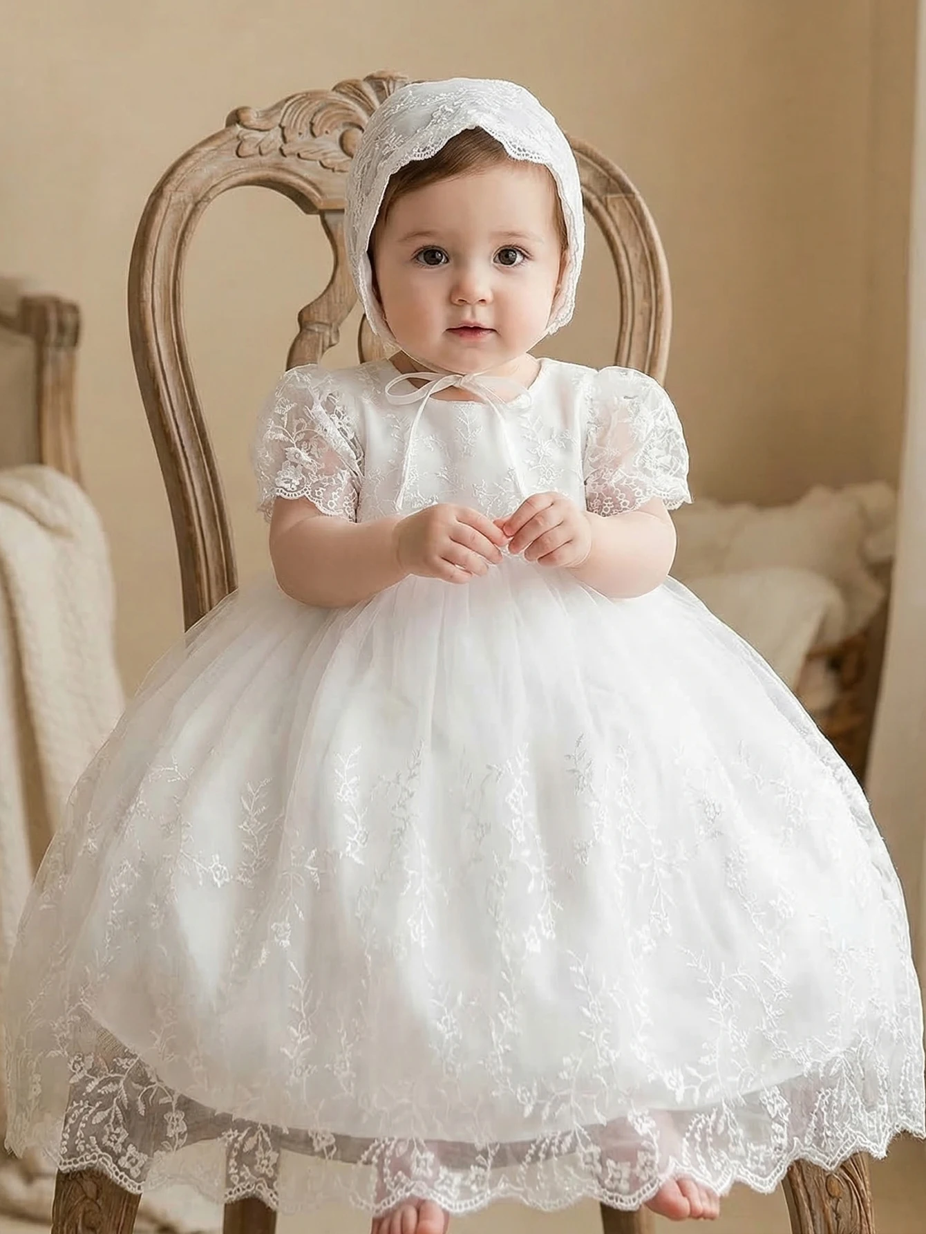 Baby Girl 1 Years Old White Dress with Embroidered Lace Trim Cute Flower Girl Princess Dress for Party, Banquet, Wedding,Outings
