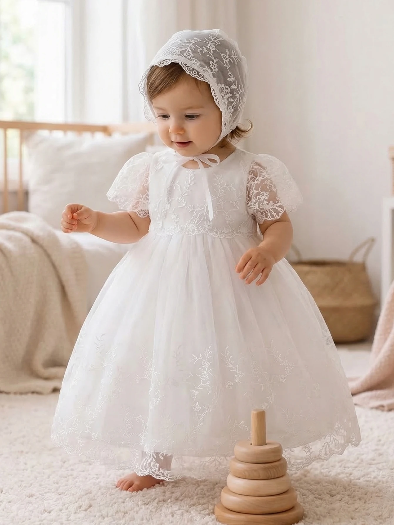 Baby Girl 1 Years Old White Dress with Embroidered Lace Trim Cute Flower Girl Princess Dress for Party, Banquet, Wedding,Outings