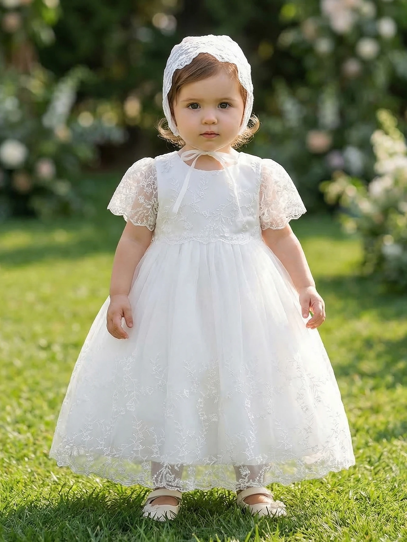 Baby Girl 1 Years Old White Dress with Embroidered Lace Trim Cute Flower Girl Princess Dress for Party, Banquet, Wedding,Outings