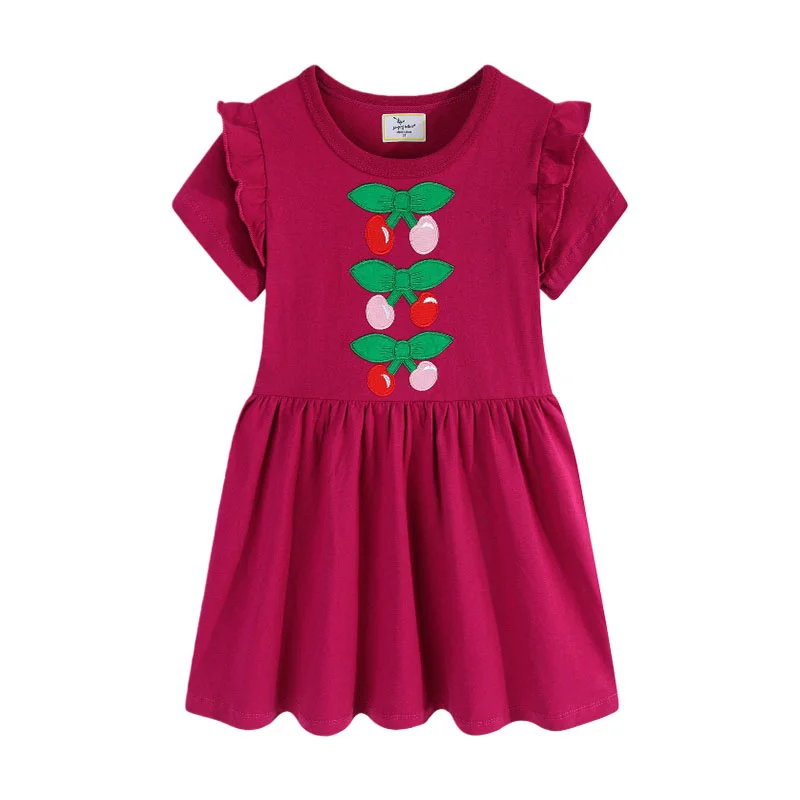 Jumping Meters Princess Dress for Girls Cherry Embroidery Short Sleeve Summer Party Birthday Wedding Baby Frocks Children Dress