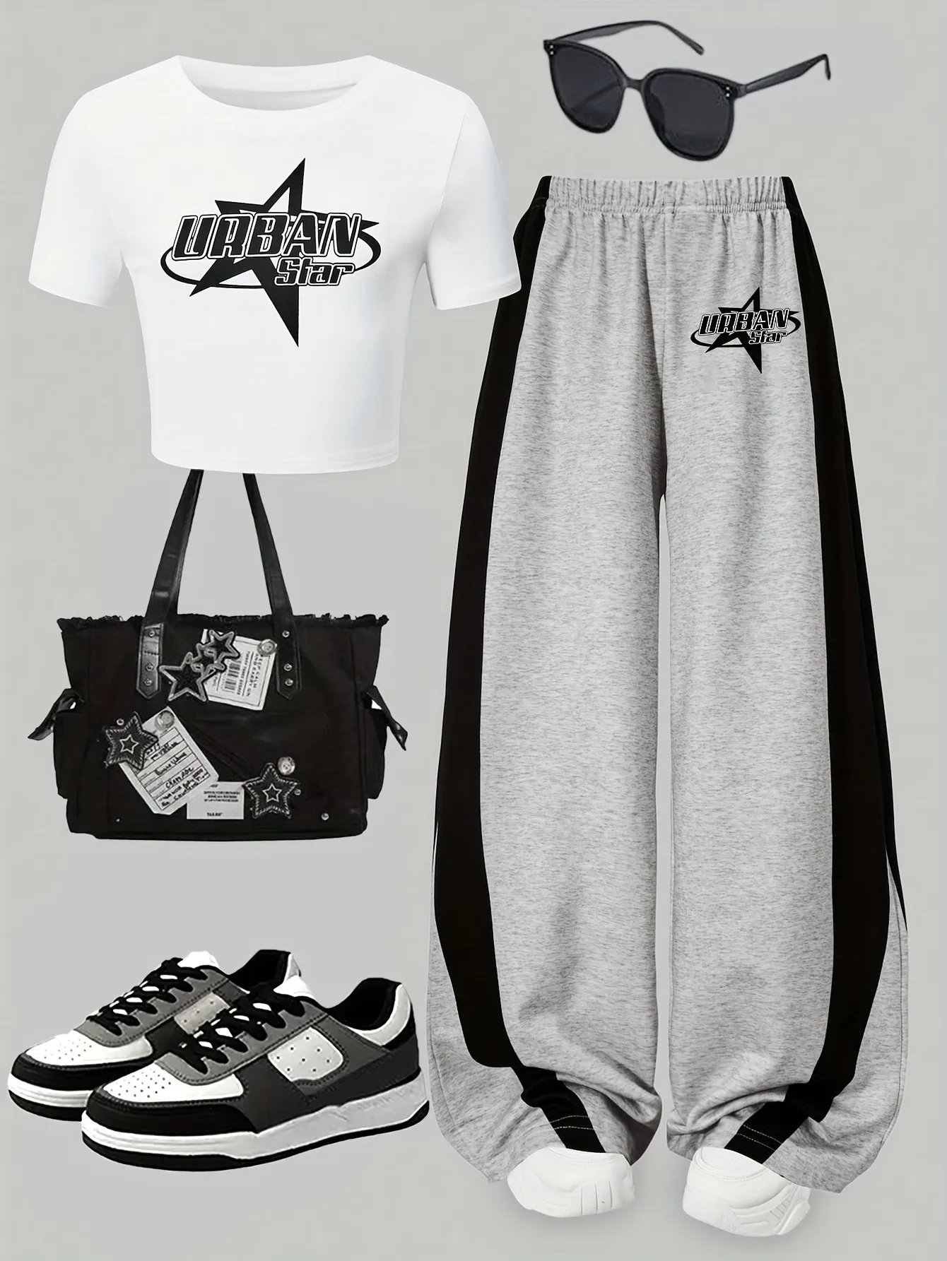 Kids Girls 2 Piece "URBAN STAR" Print Crop T-Shirt & Color Block Wide Leg Sweatpants Set Casual Streetwear Outfit