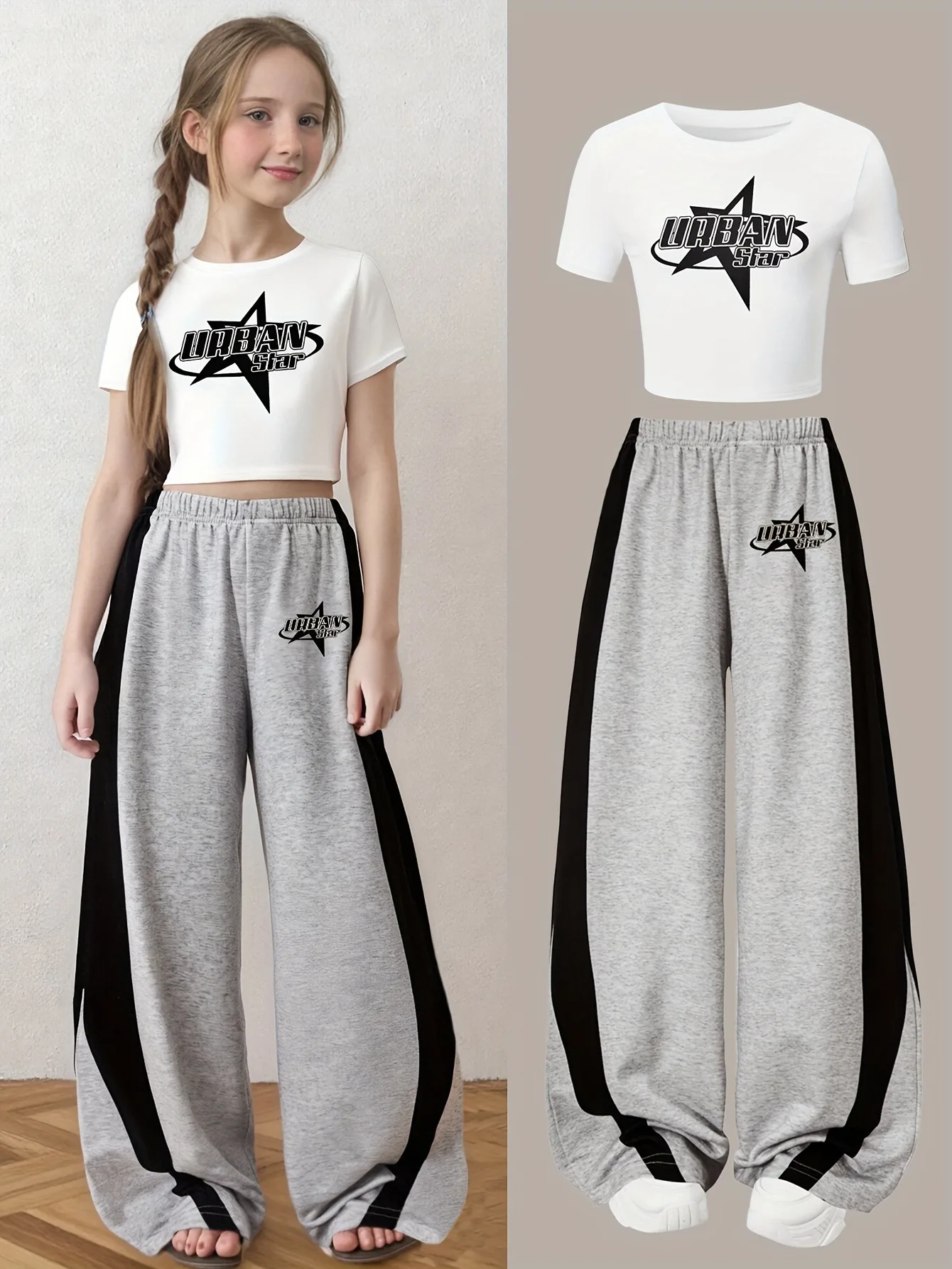 Kids Girls 2 Piece "URBAN STAR" Print Crop T-Shirt & Color Block Wide Leg Sweatpants Set Casual Streetwear Outfit