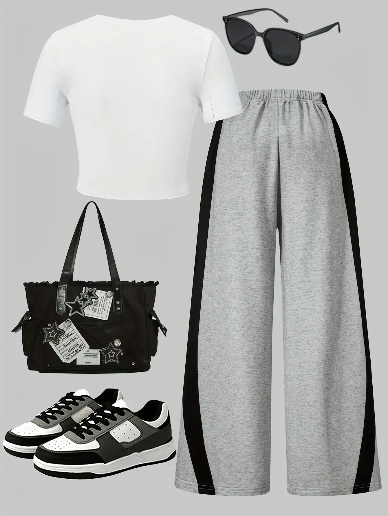 Kids Girls 2 Piece "URBAN STAR" Print Crop T-Shirt & Color Block Wide Leg Sweatpants Set Casual Streetwear Outfit