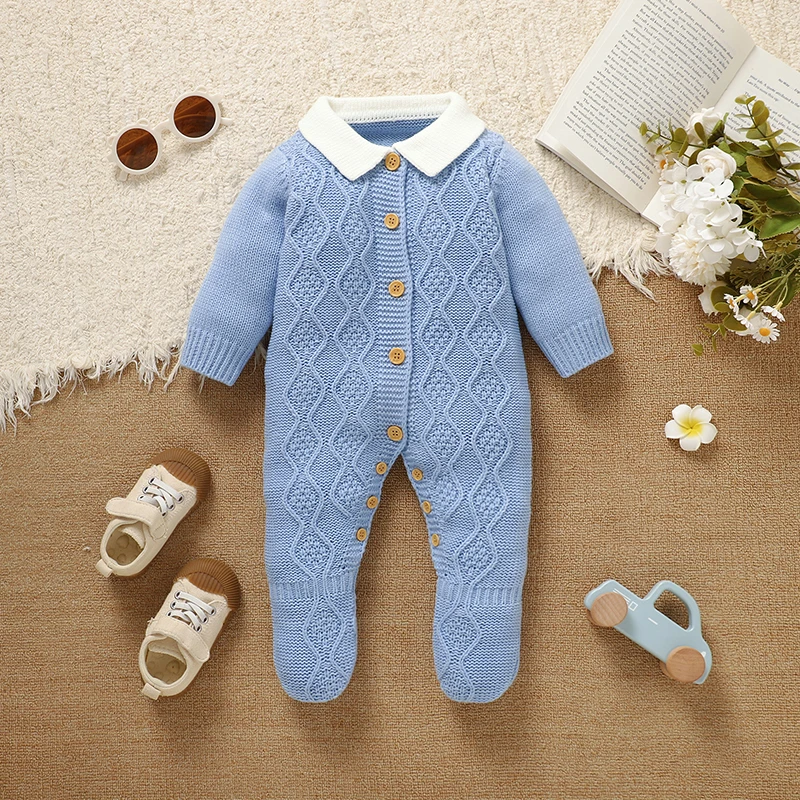 Blue Baby Rompers Knit Fashion Turtle Neck Long Sleeve Newborn Boys Jumpsuits Outfits One Piece Toddler Playsuits 0-18m Clothing