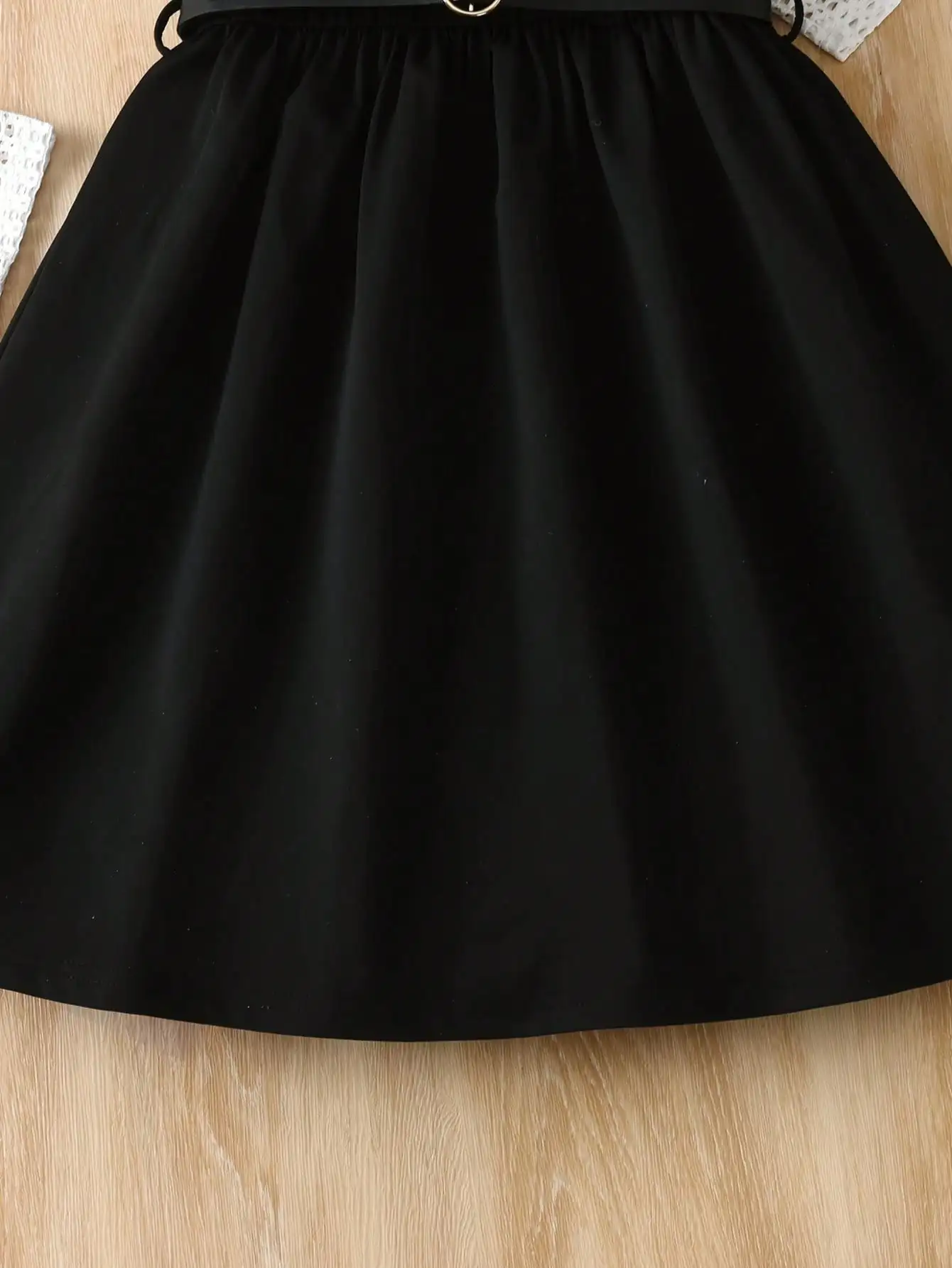 Children's Clothing Set with Hollowed Out Round Neck Long Sleeved Top + Round Neck Sleeveless Dress, Mid Length Skirt Set