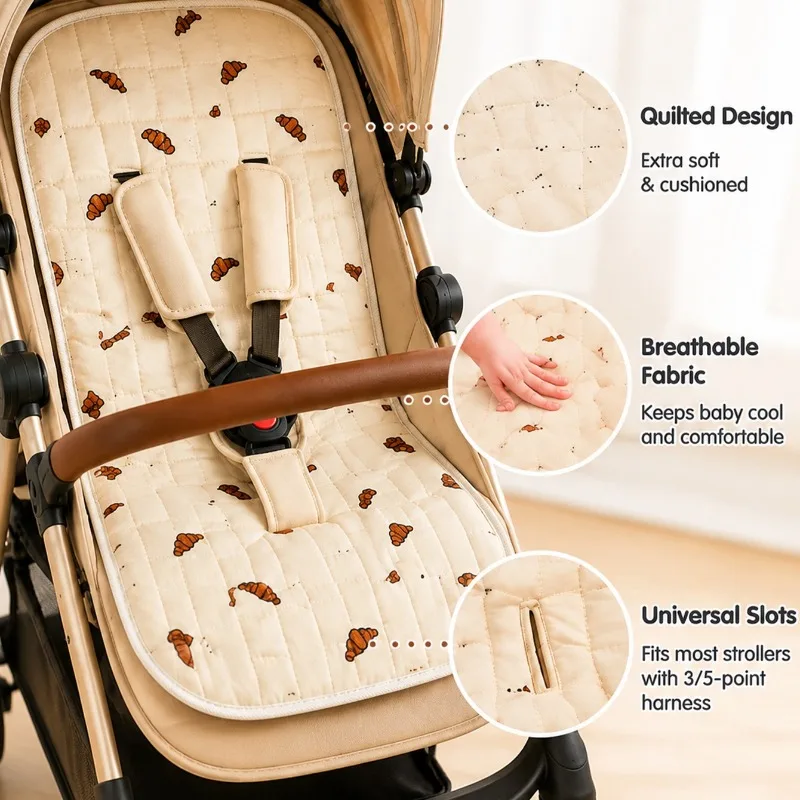 Universal Baby Stroller Liner Pad, Breathable Soft Quilted Cushion Summer Cool Infant Seat Cover for Pram Buggy Cute Prints