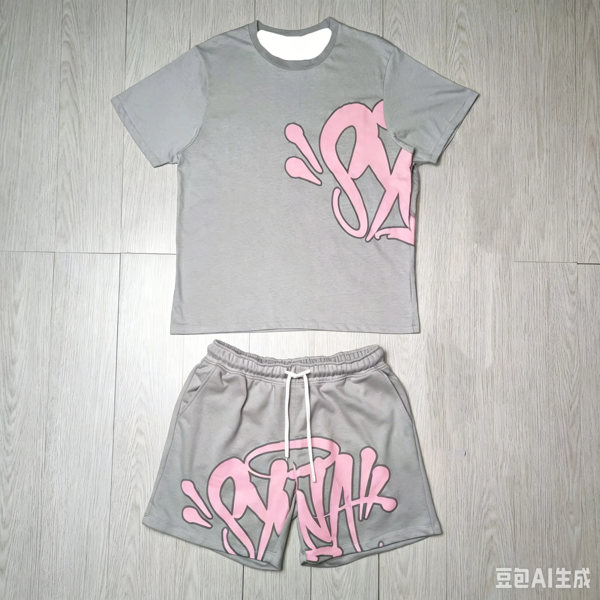 2026 Summer New Style Unisex Abstract Graffiti Graphic 2 Piece Tracksuit Black Tee and Elastic Waist Shorts for Kids Streetwear