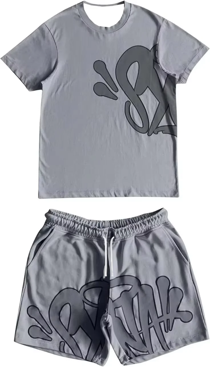 2026 Summer New Style Unisex Abstract Graffiti Graphic 2 Piece Tracksuit Black Tee and Elastic Waist Shorts for Kids Streetwear