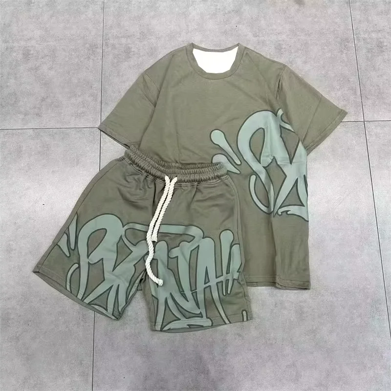 2026 Summer New Style Unisex Abstract Graffiti Graphic 2 Piece Tracksuit Black Tee and Elastic Waist Shorts for Kids Streetwear