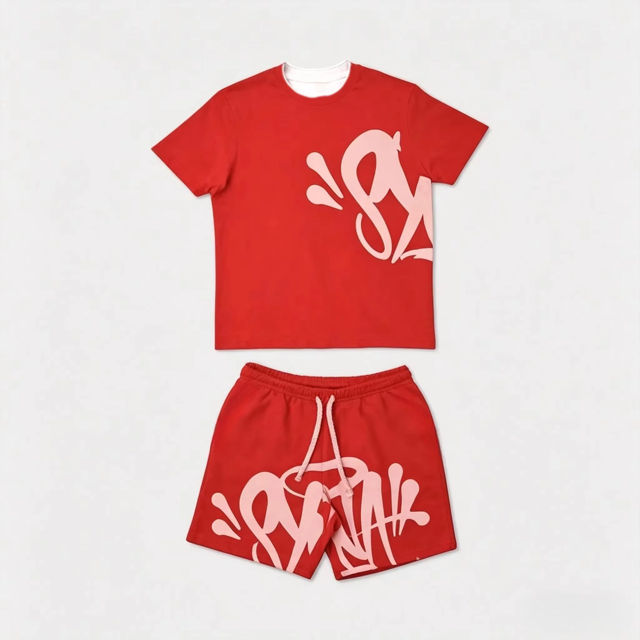 2026 Summer New Style Unisex Abstract Graffiti Graphic 2 Piece Tracksuit Black Tee and Elastic Waist Shorts for Kids Streetwear