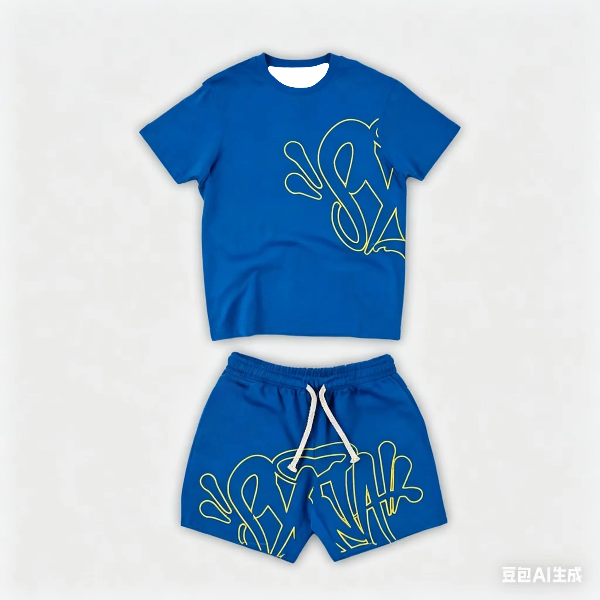 2026 Summer New Style Unisex Abstract Graffiti Graphic 2 Piece Tracksuit Black Tee and Elastic Waist Shorts for Kids Streetwear