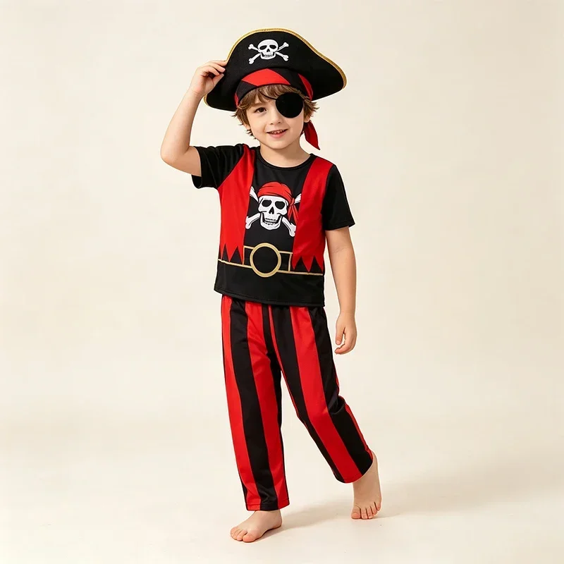 Boys Pirate Costume Set Short‑Sleeve Top Long Striped Pants Halloween Trick Or Treat Birthday Themed Party Outfit