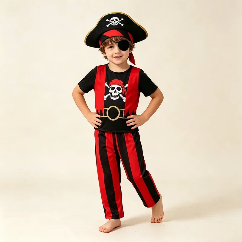 Boys Pirate Costume Set Short‑Sleeve Top Long Striped Pants Halloween Trick Or Treat Birthday Themed Party Outfit