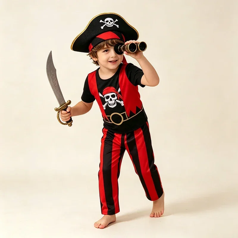 Boys Pirate Costume Set Short‑Sleeve Top Long Striped Pants Halloween Trick Or Treat Birthday Themed Party Outfit