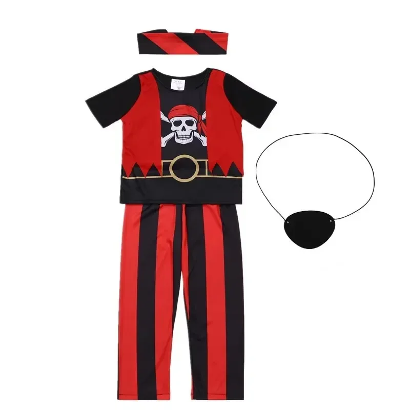 Boys Pirate Costume Set Short‑Sleeve Top Long Striped Pants Halloween Trick Or Treat Birthday Themed Party Outfit
