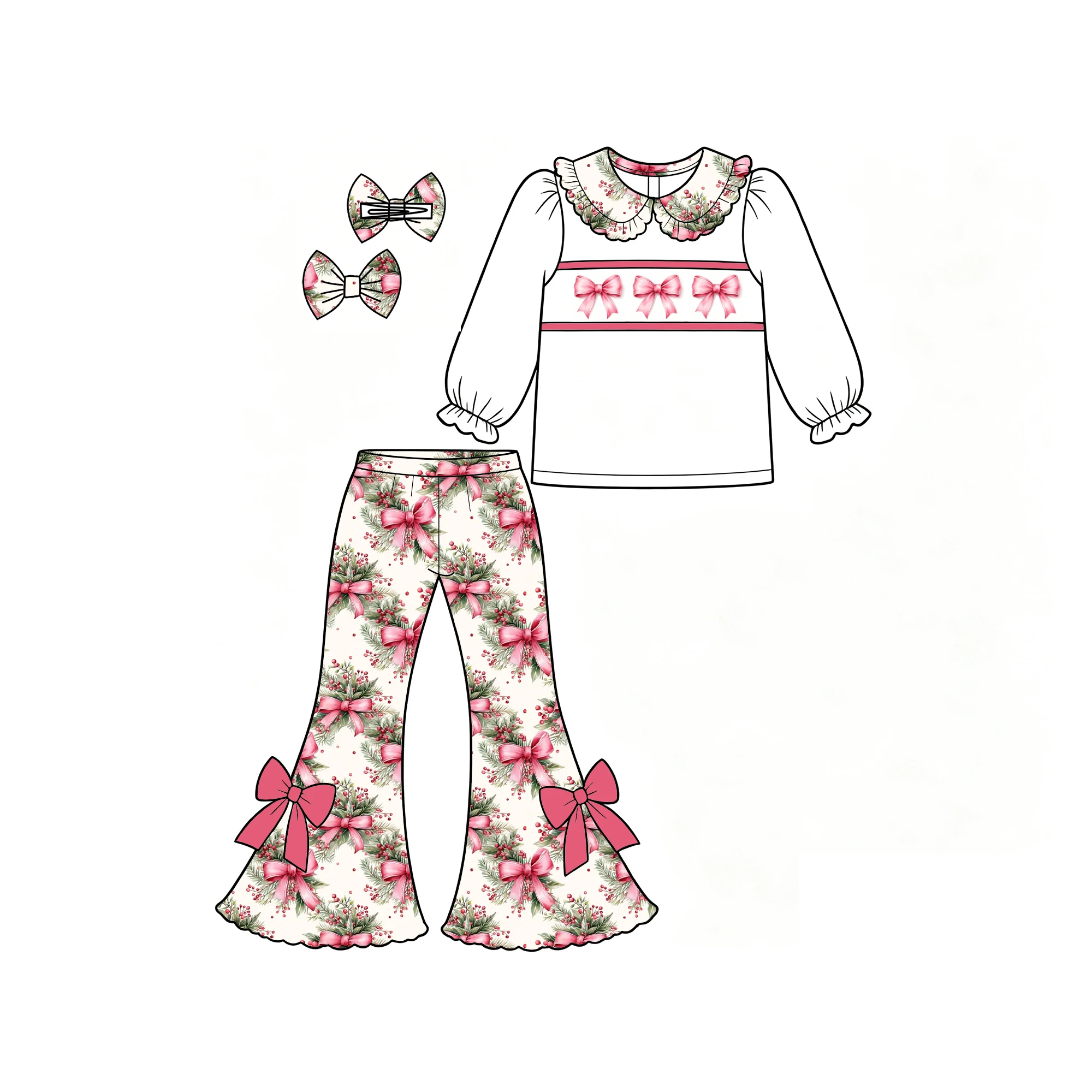 Custom Girls Christmas Santa Claus Outfit Long Sleeve Top Print Bell Pants With Hair Bow Toddler Girl Xmas Clothing Set