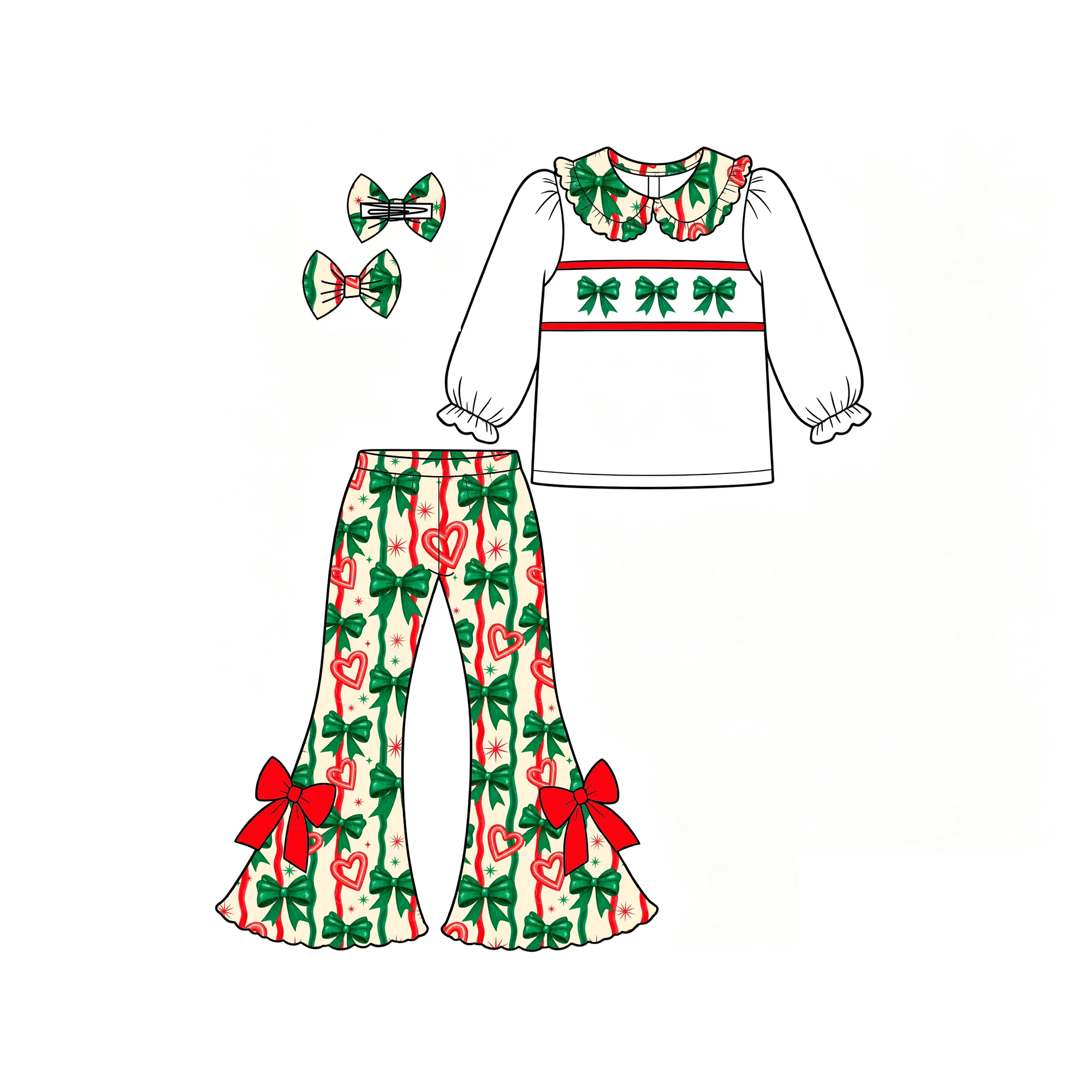 Custom Girls Christmas Santa Claus Outfit Long Sleeve Top Print Bell Pants With Hair Bow Toddler Girl Xmas Clothing Set