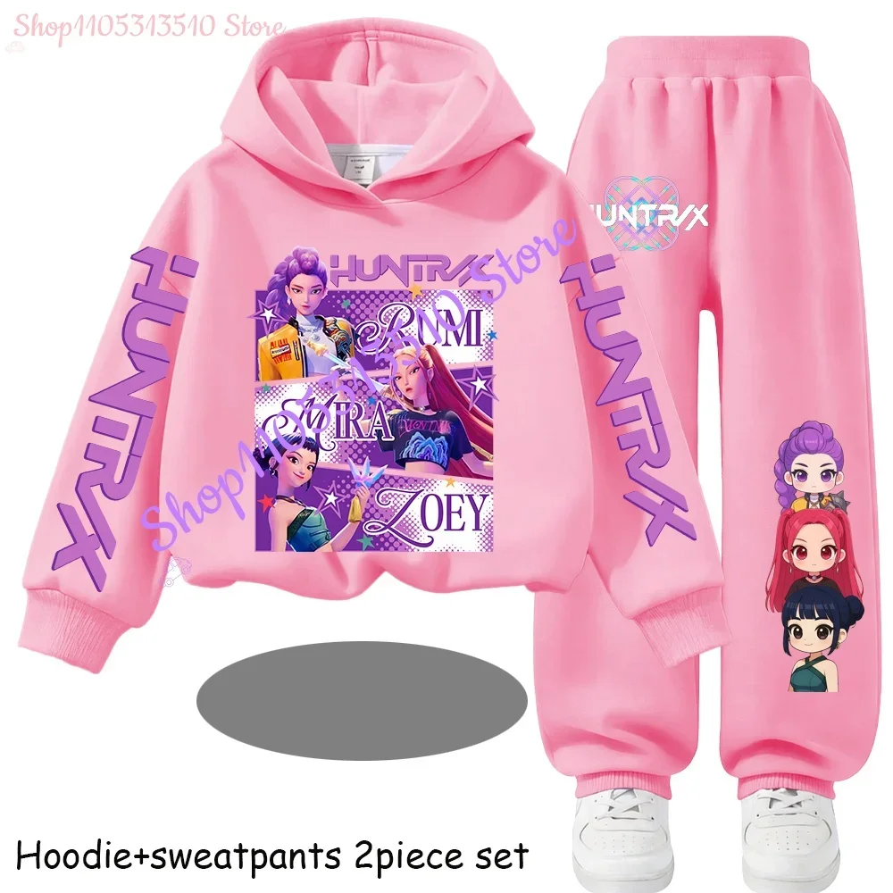 Hot Children's Hooded Sweater Set Huntrx Mira Rumi Zoey Girl Cute Casual Top for Kids Sports Shirt with Cartoon Print 2 Pieces