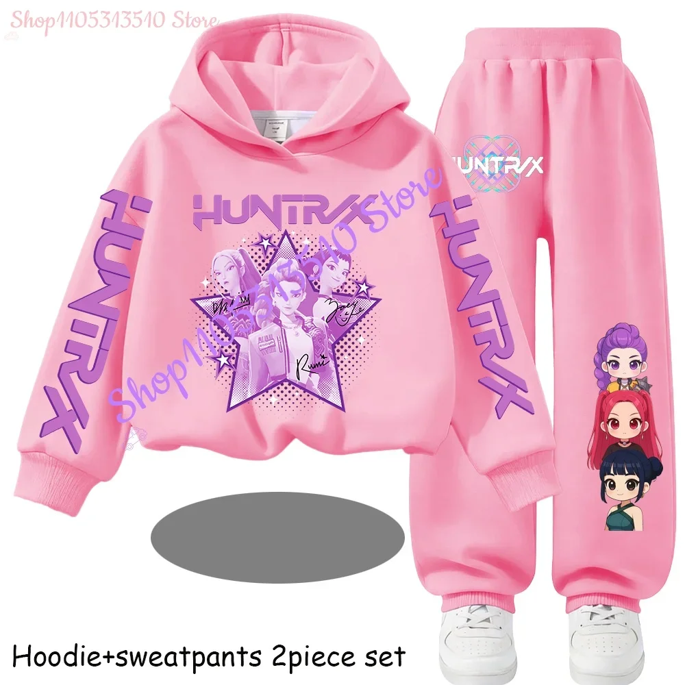 Hot Children's Hooded Sweater Set Huntrx Mira Rumi Zoey Girl Cute Casual Top for Kids Sports Shirt with Cartoon Print 2 Pieces
