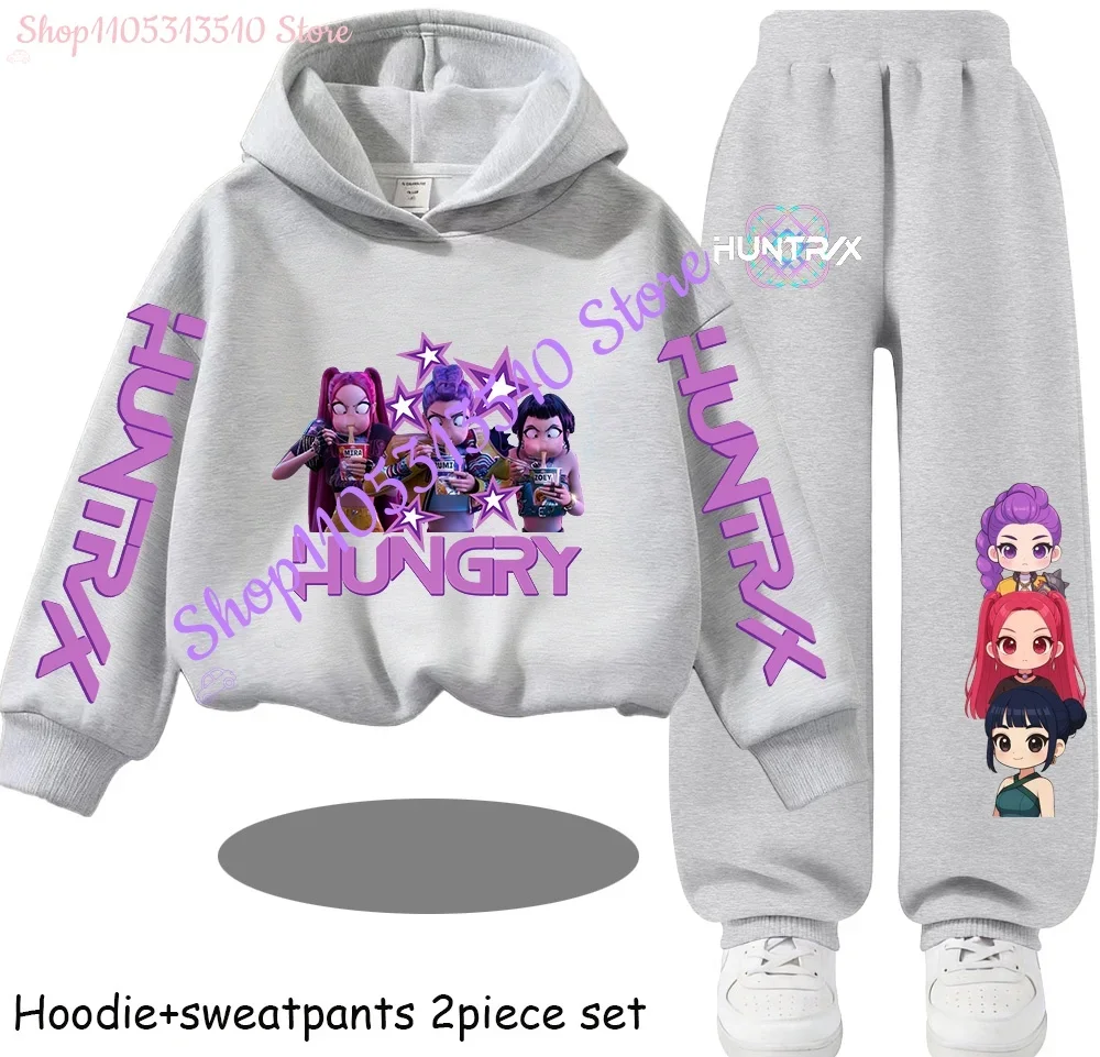 Hot Children's Hooded Sweater Set Huntrx Mira Rumi Zoey Girl Cute Casual Top for Kids Sports Shirt with Cartoon Print 2 Pieces