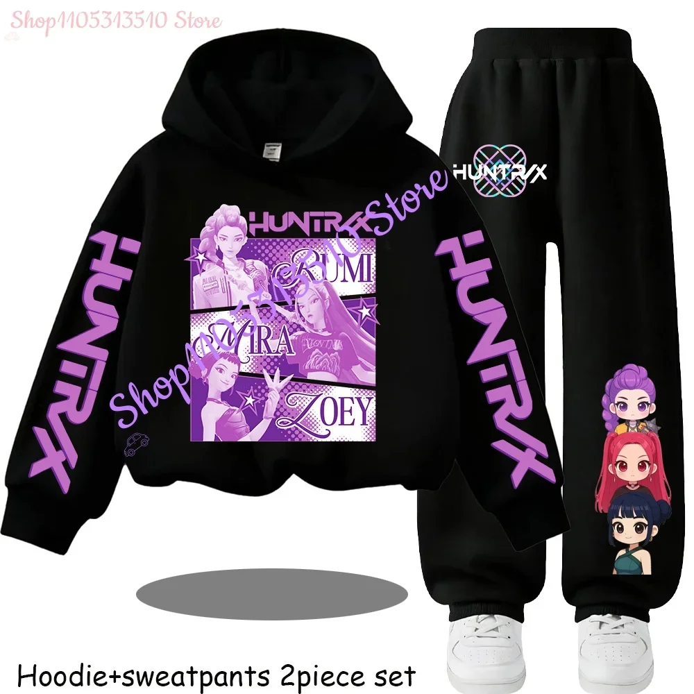 Hot Children's Hooded Sweater Set Huntrx Mira Rumi Zoey Girl Cute Casual Top for Kids Sports Shirt with Cartoon Print 2 Pieces