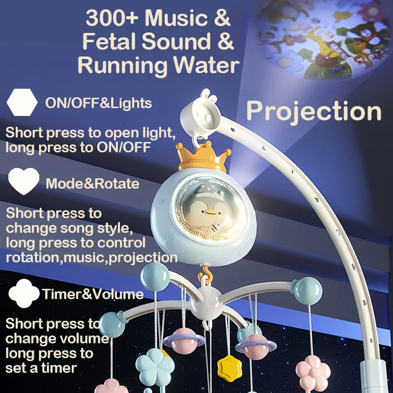 360° Musical Baby Crib Mobile Rotating Night Light Bed Bell Toy Four Speed Timming Hanging Infant Newborn Rattle Bedside Gift