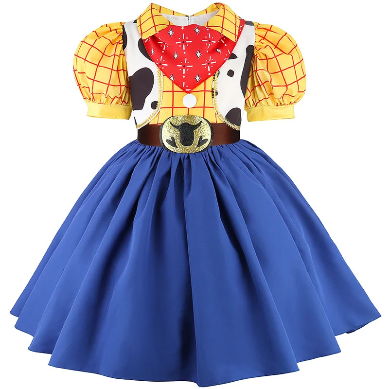 2026 Movie Cosplay Costume Kids Western Cowgirl Outfit Puff Sleeve 2-8Y Halloween Woody Dress Jessie Toy Party Role Play Apparel