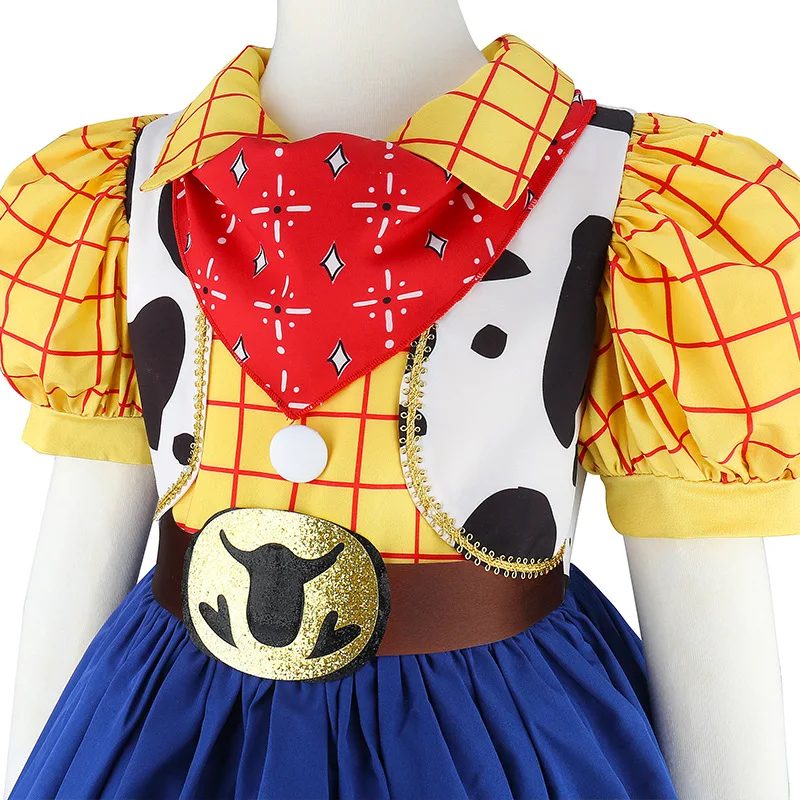 2026 Movie Cosplay Costume Kids Western Cowgirl Outfit Puff Sleeve 2-8Y Halloween Woody Dress Jessie Toy Party Role Play Apparel