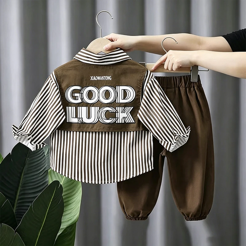 New Spring Autumn Boys Clothing Sets Long Sleeve Striped Letter Label Shirt + Pants 2Pcs Suit For 2-8 Years Kids Casual Outfits