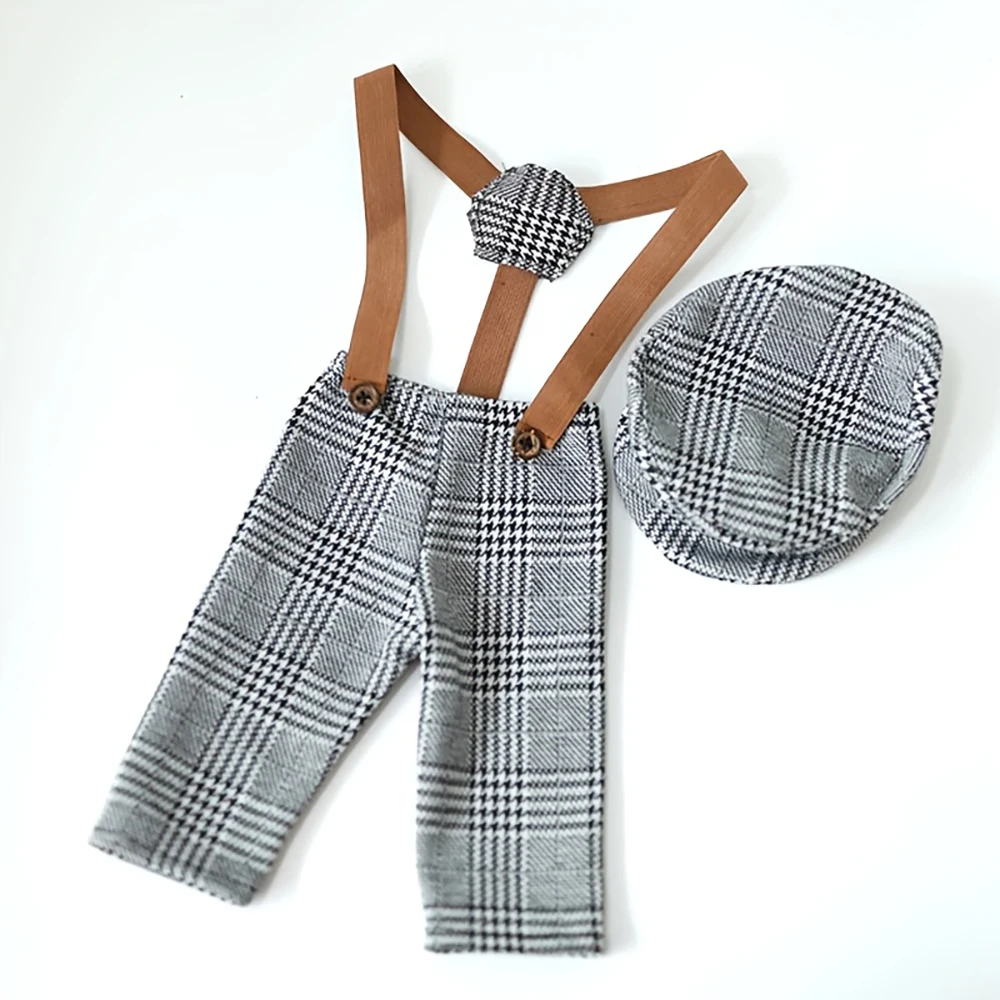 Newborn Flat Cap Sets Boy Overalls For Photo Shoot Bebe Fotografia Outfit Pants Suspender Straps Photo Baby Photography Props