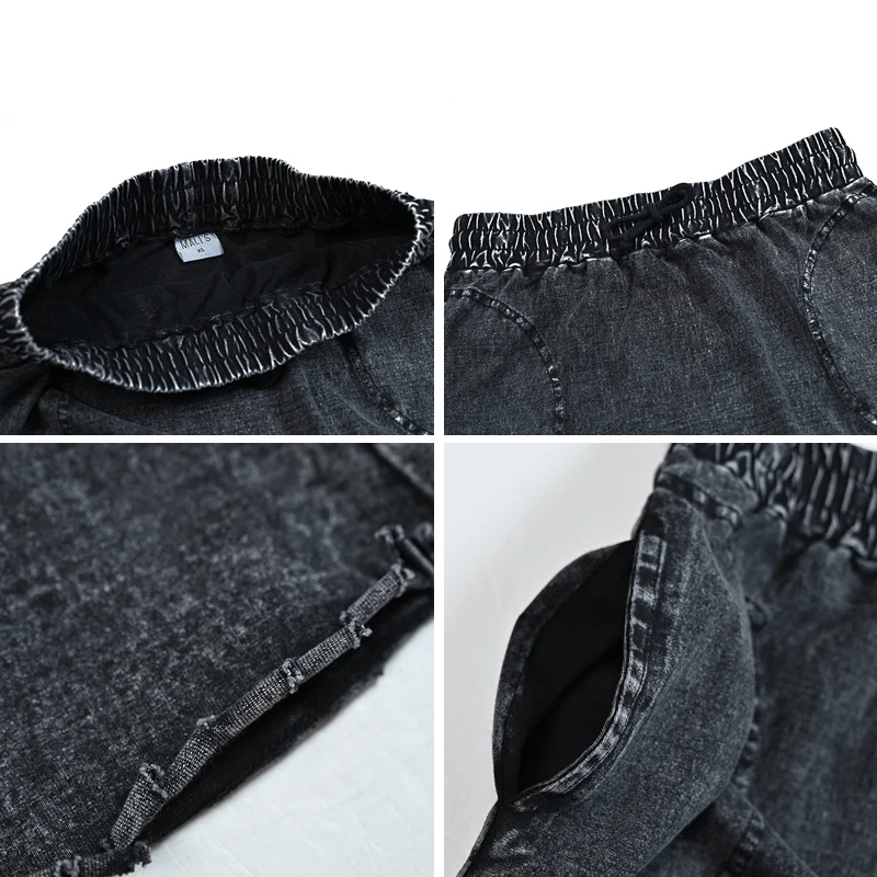 Fall Season Denim Black Women Lady Clothes Maxi Waisted Skirt and Long Sleeves Top Set Raw Edges Girl Skirt with Pockets