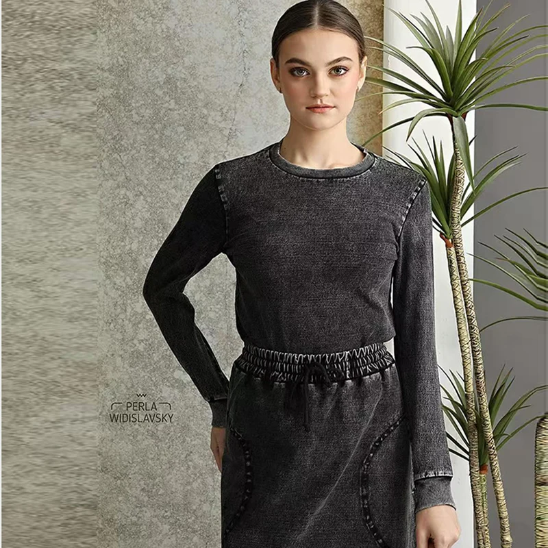 Fall Season Denim Black Women Lady Clothes Maxi Waisted Skirt and Long Sleeves Top Set Raw Edges Girl Skirt with Pockets