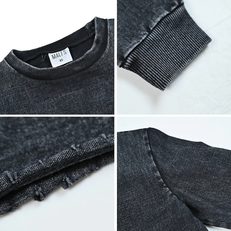 Fall Season Denim Black Women Lady Clothes Maxi Waisted Skirt and Long Sleeves Top Set Raw Edges Girl Skirt with Pockets