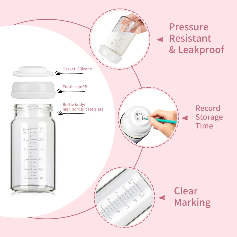 2Pcs 180ml Wide-Mouth Breastmilk Storage Bottles with Sealing Cap, Leak-Proof Design, Compatible with Spectra S1 S2 Breast Pumps
