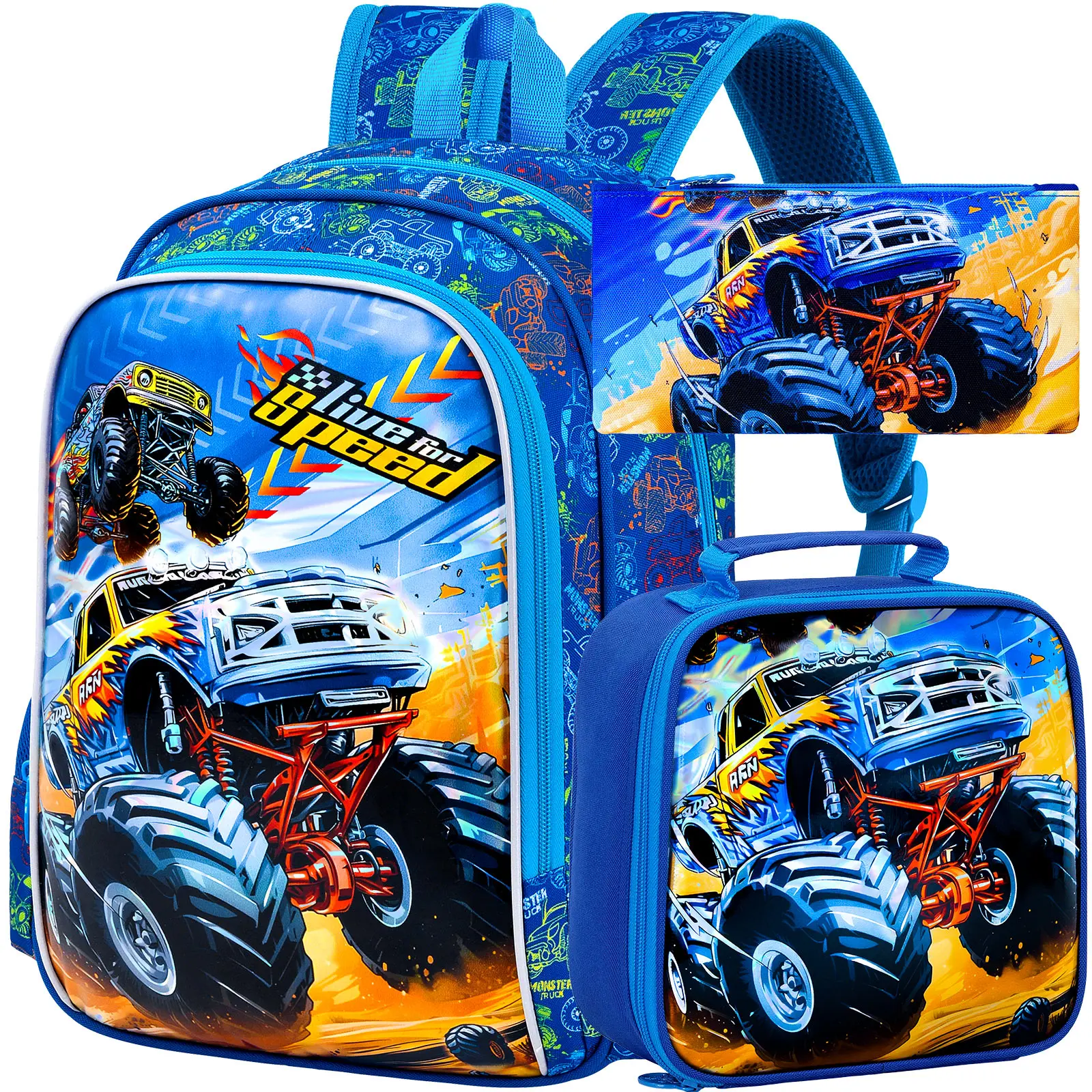 3PCS Car Backpack for Boys, 16" Kids Bookbag and Lunch Box, Preschool Backpacks for Elementary Students