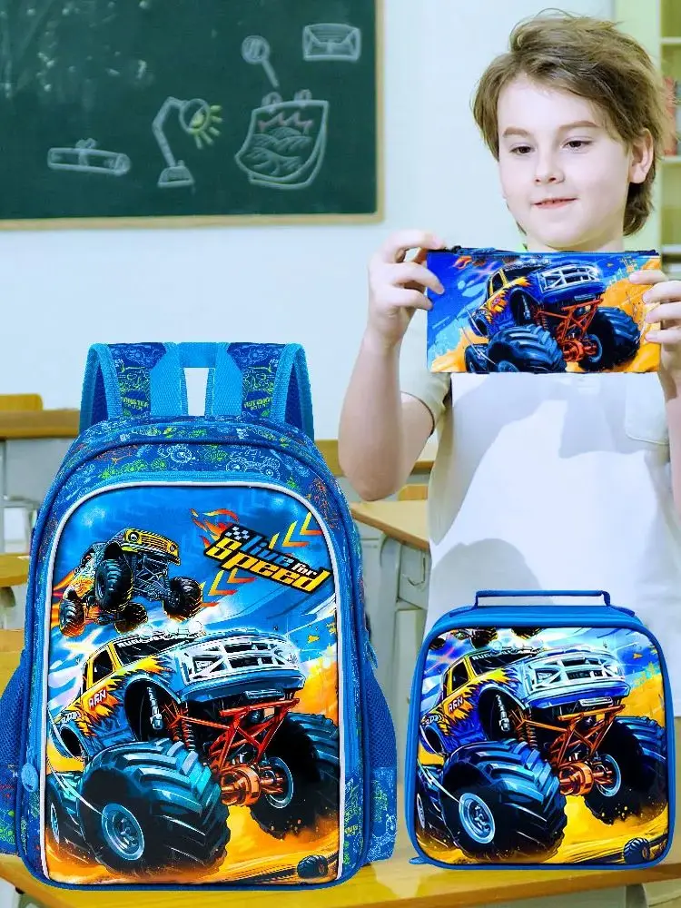 3PCS Car Backpack for Boys, 16" Kids Bookbag and Lunch Box, Preschool Backpacks for Elementary Students