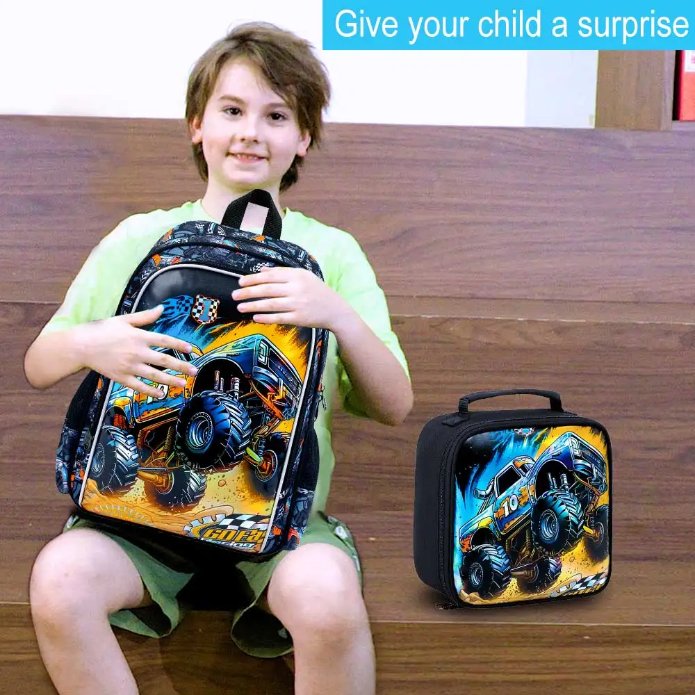 3PCS Car Backpack for Boys, 16" Kids Bookbag and Lunch Box, Preschool Backpacks for Elementary Students