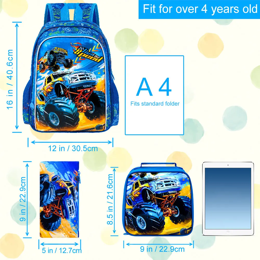 3PCS Car Backpack for Boys, 16" Kids Bookbag and Lunch Box, Preschool Backpacks for Elementary Students