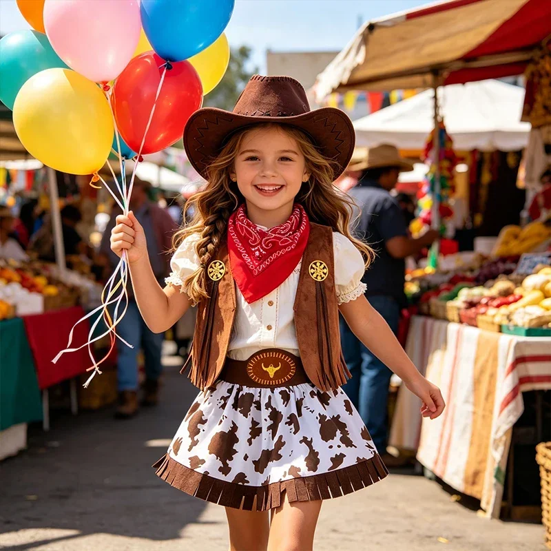 Little Girls Western Cowgirl Dress‑Up Outfit Fringe Cow Print Skirt Kids Costume Set for Carnival Theme Party