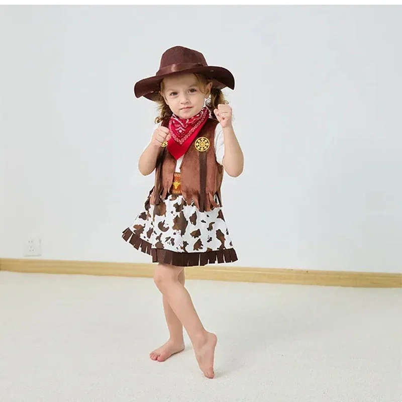 Little Girls Western Cowgirl Dress‑Up Outfit Fringe Cow Print Skirt Kids Costume Set for Carnival Theme Party
